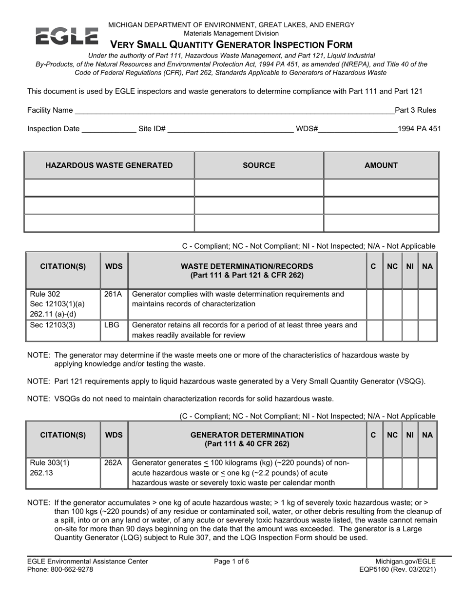 Form EQP5160 Very Small Quantity Generator Inspection Form - Michigan, Page 1