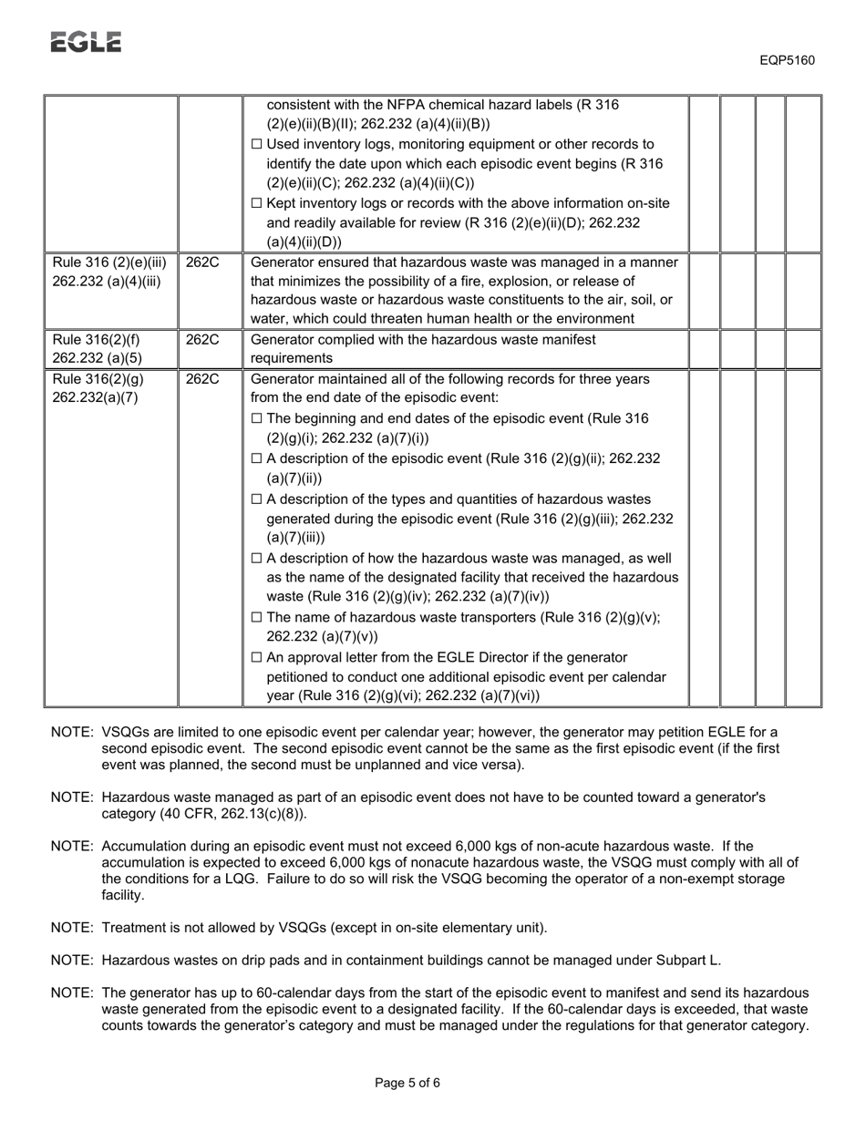 Form EQP5160 Very Small Quantity Generator Inspection Form - Michigan, Page 5