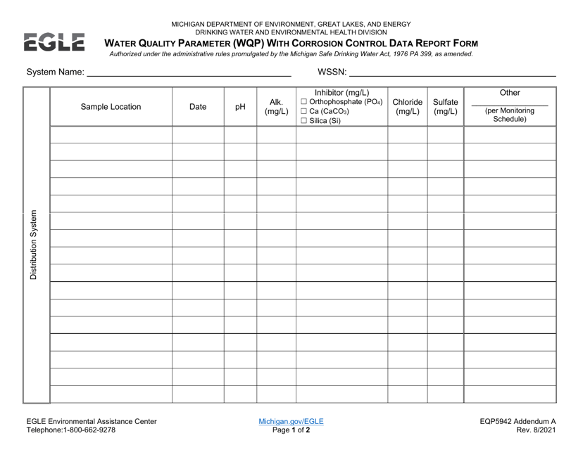 Form EQP5942 Addendum A Water Quality Parameter (Wqp) With Corrosion Control Data Report Form - Michigan