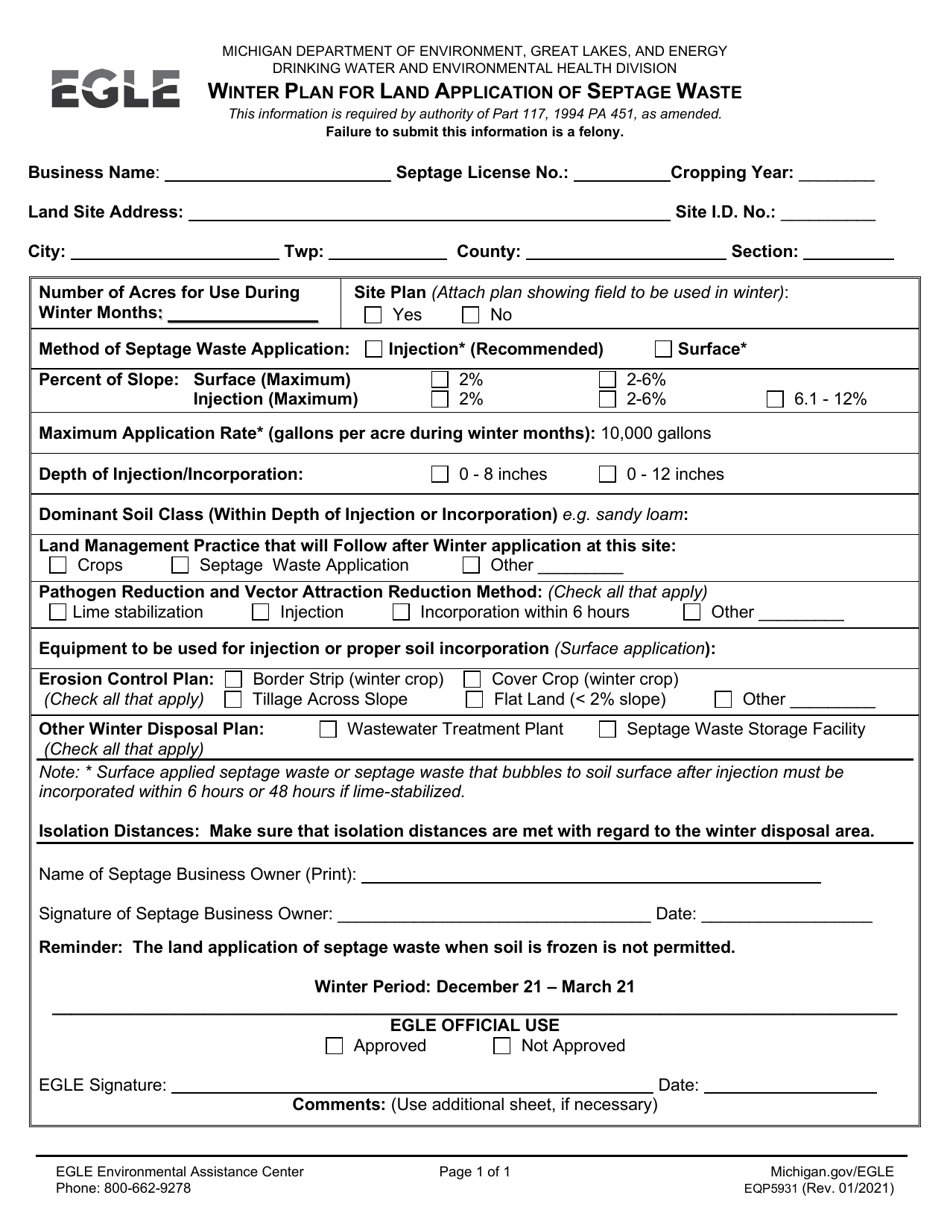 Form EQP5931 Winter Plan for Land Application of Septage Waste - Michigan, Page 1