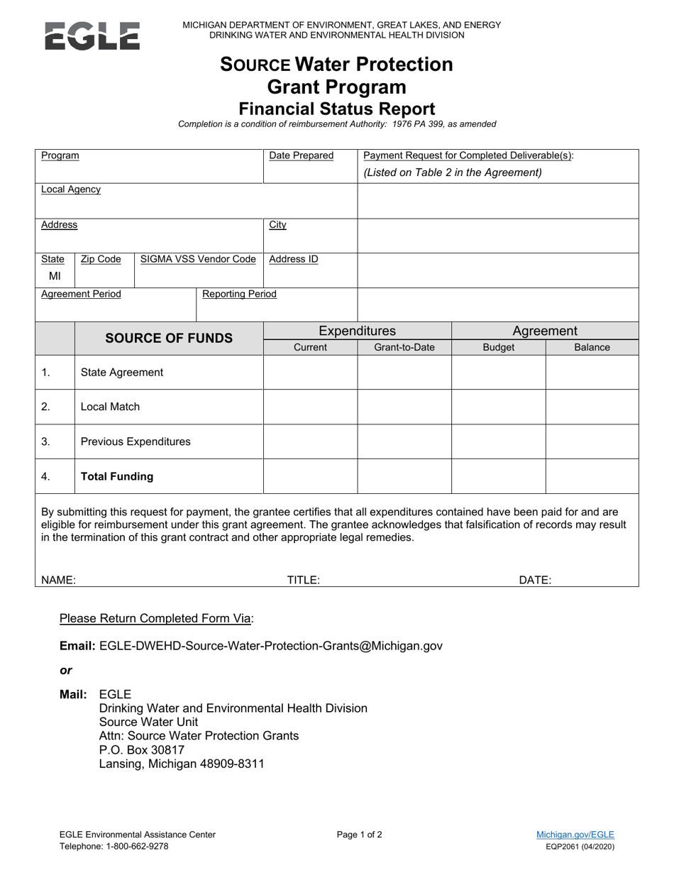 Form EQP2061 Financial Status Report - Source Water Protection Grant Program - Michigan, Page 1