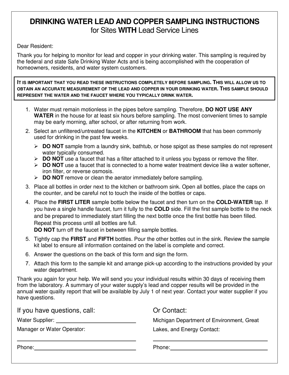 Michigan Drinking Water Lead and Copper Sampling Instructions for Sites ...