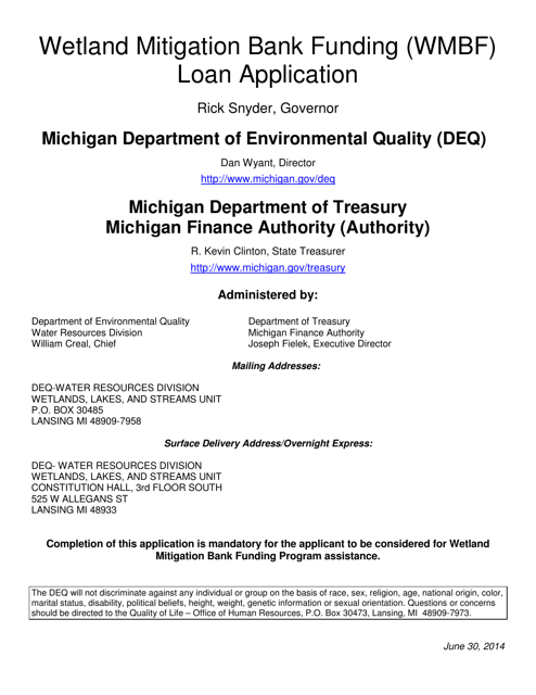 Wetland Mitigation Bank Funding (Wmbf) Loan Application - Michigan Download Pdf