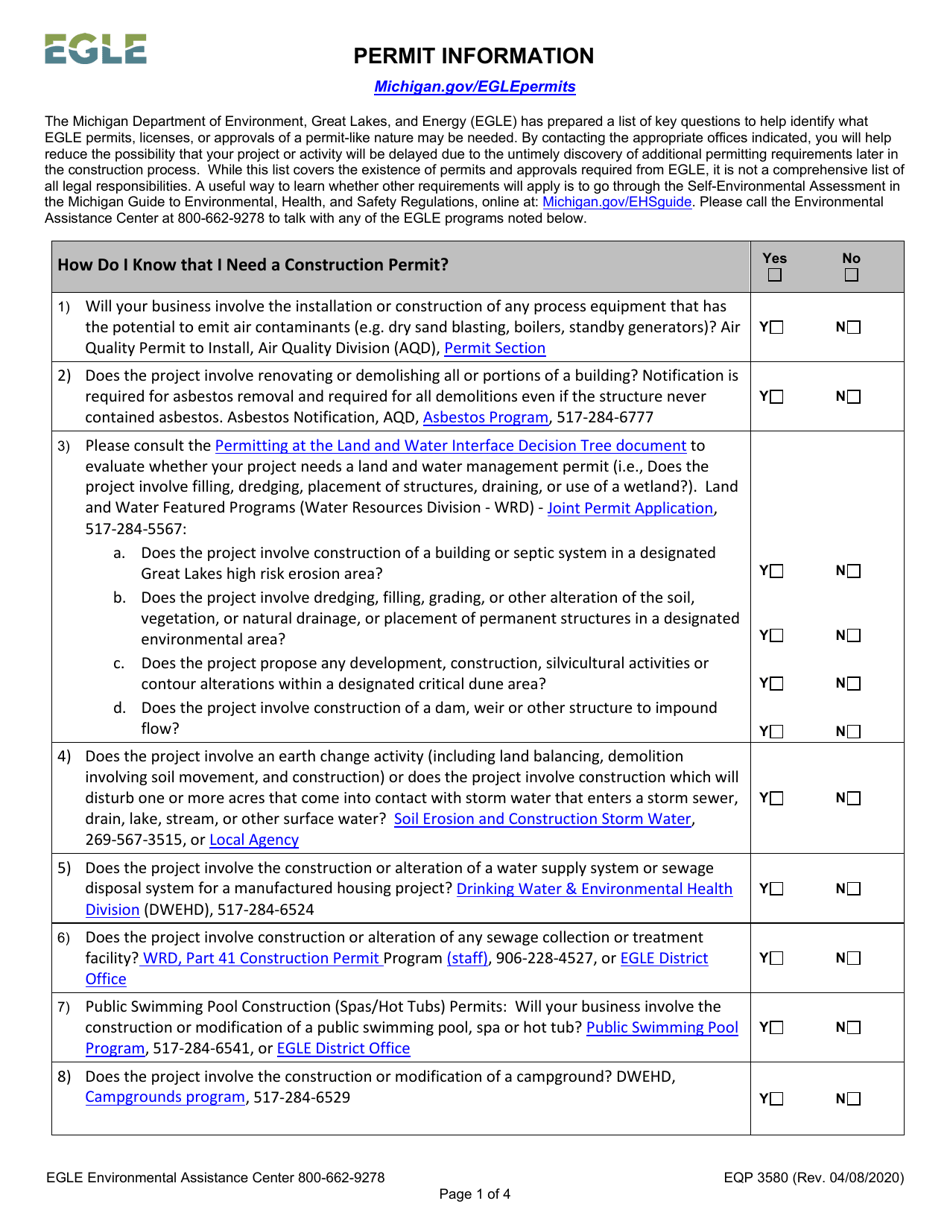 Form EQP3580 Egle Permit Information Checklist - Michigan, Page 1