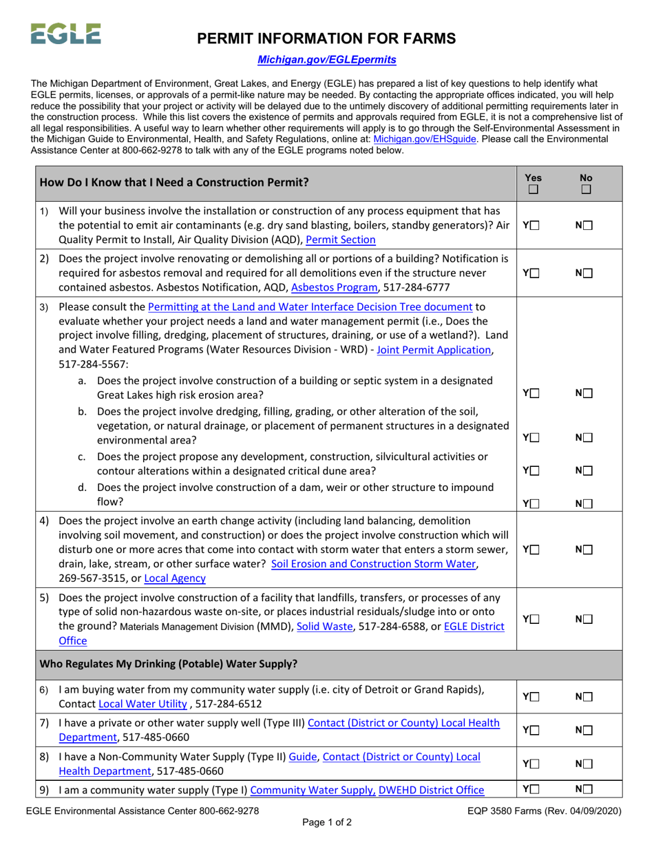 Form EQP3580 Permit Information Checklist for Farming Operations - Michigan, Page 1