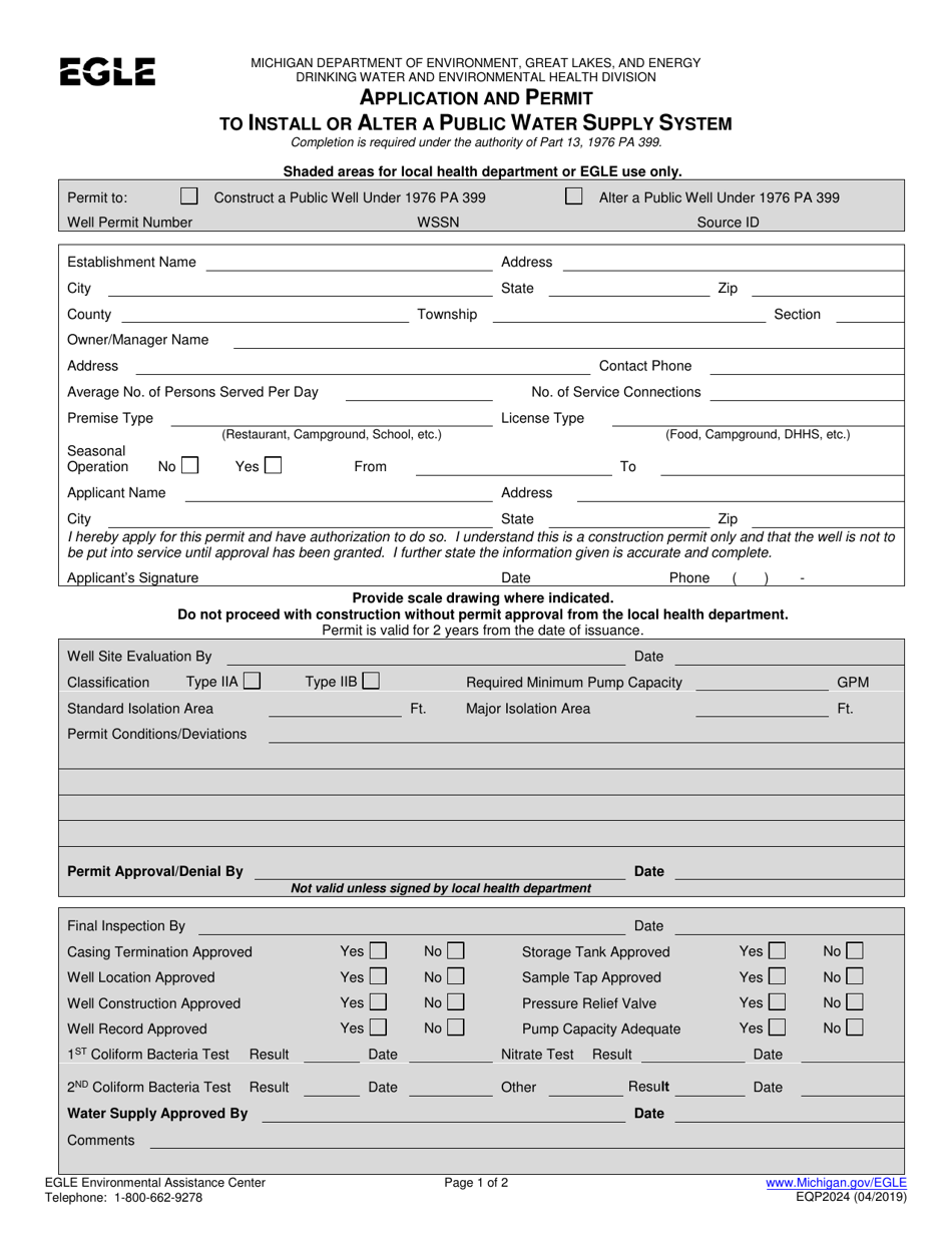 Form EQP2024 Application and Permit to Install or Alter a Public Water Supply System - Michigan, Page 1