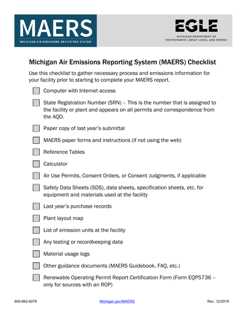 Michigan Air Emissions Reporting System (Maers) Checklist - Michigan Download Pdf