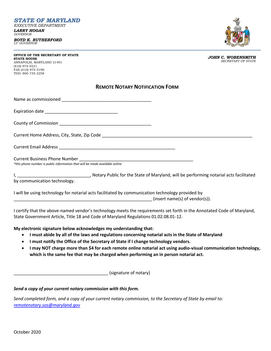 Remote Notary Notification Form - Maryland, Page 1