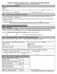 Document preview: Form DCH-0569-BX-SR Application for a Certified Copy - Senior Michigan Birth Record - Michigan