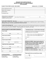 Document preview: Form DCH-0569-VERICP Request for Verification of Notice of Intent to Claim Paternity - Michigan