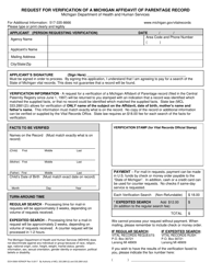 Document preview: Form DCH-0569-VERAOP Request for Verification of a Michigan Affidavit of Parentage Record - Michigan