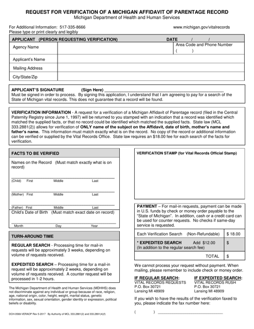 Form DCH-0569-VERAOP Request for Verification of a Michigan Affidavit of Parentage Record - Michigan