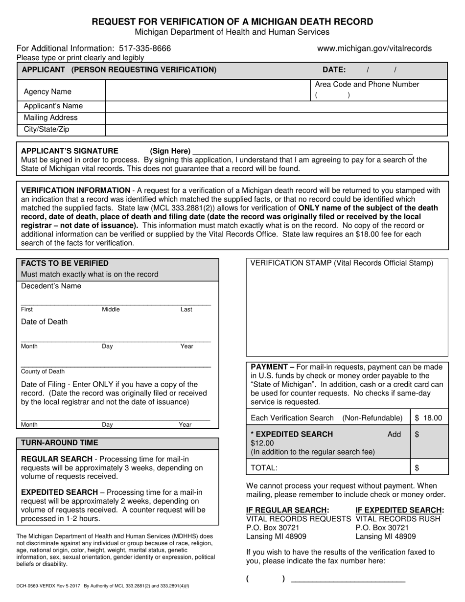 Form DCH-0569-VERDX Request for Verification of a Michigan Death Record - Michigan, Page 1
