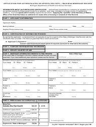 Document preview: Form DCH-0569-MX-AUTH Application for Authenticated or Apostilled Copy - Michigan Marriage Record - Michigan
