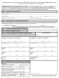 Form DCH-0569-MX-AUTH &quot;Application for Authenticated or Apostilled Copy - Michigan Marriage Record&quot; - Michigan