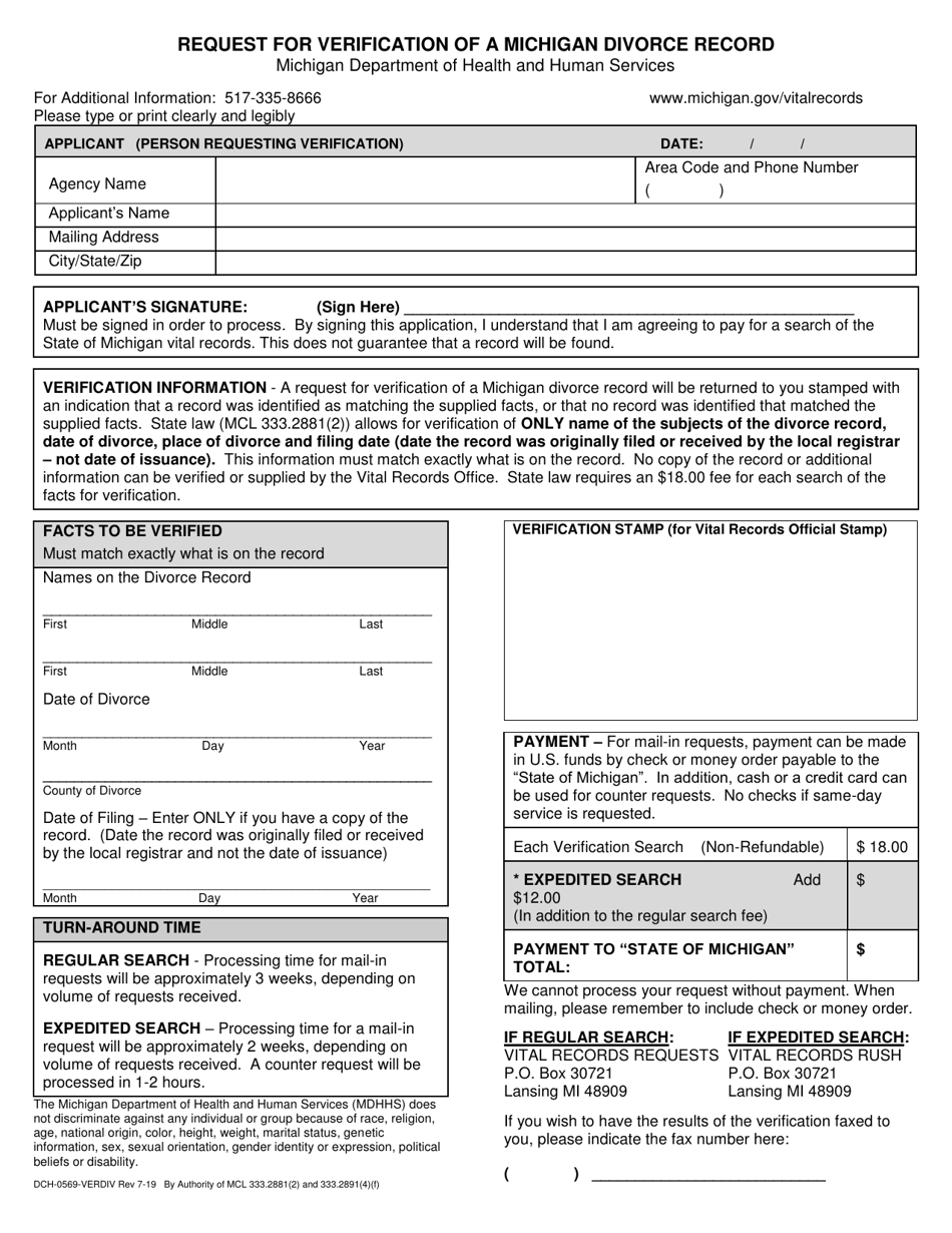 Form DCH-0569-VERDIV Request for Verification of a Michigan Divorce Record - Michigan, Page 1