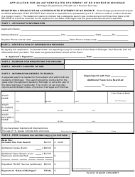 Document preview: Form DCH-0569-NO DIV-AUTH Application for an Authenticated Statement of No Divorce in Michigan - Michigan