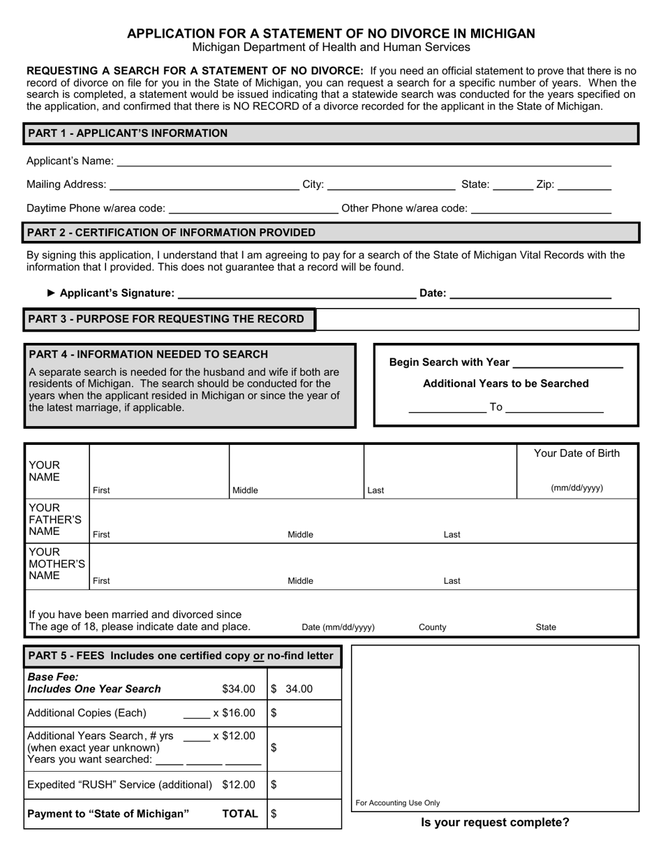 Form DCH-0569-NO DIV Application for a Statement of No Divorce in Michigan - Michigan, Page 1