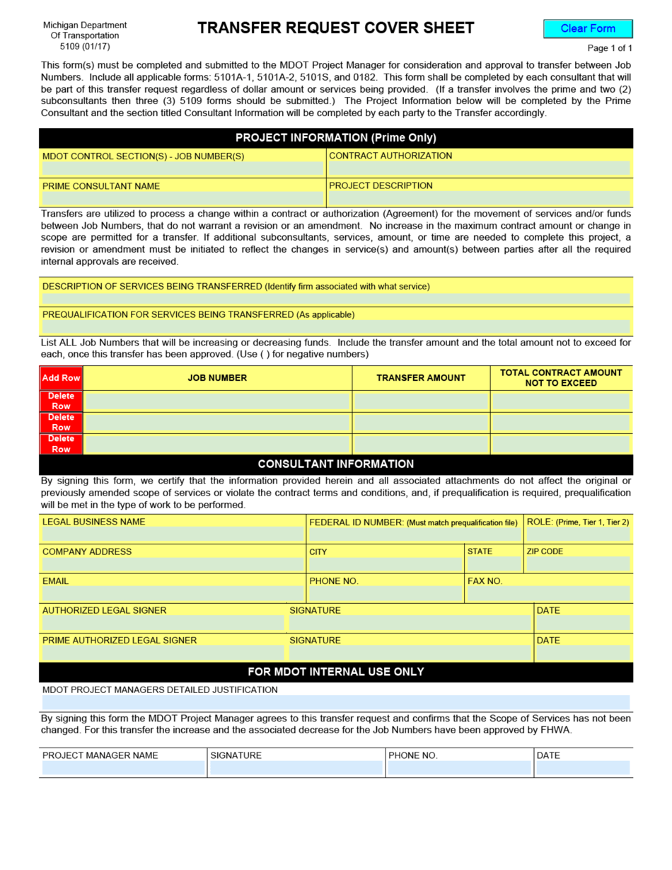 Form 5109 Transfer Request Cover Sheet - Michigan, Page 1