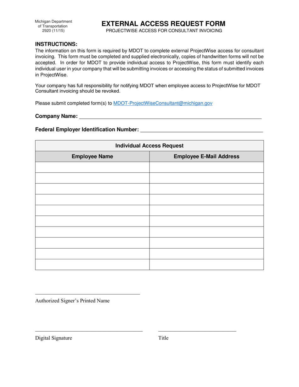 Form 2920 External Access Request Form - Michigan, Page 1