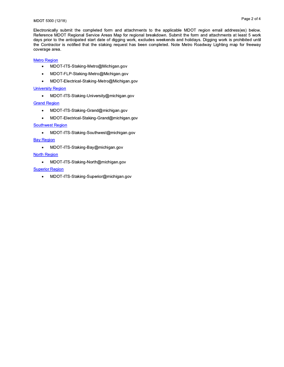Form 5300 Mdot Underground Infrastructure Staking Request Form - Michigan, Page 2