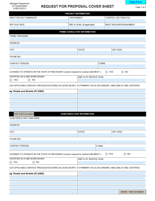 Form MDOT5100D Request for Proposal Cover Sheet - Michigan