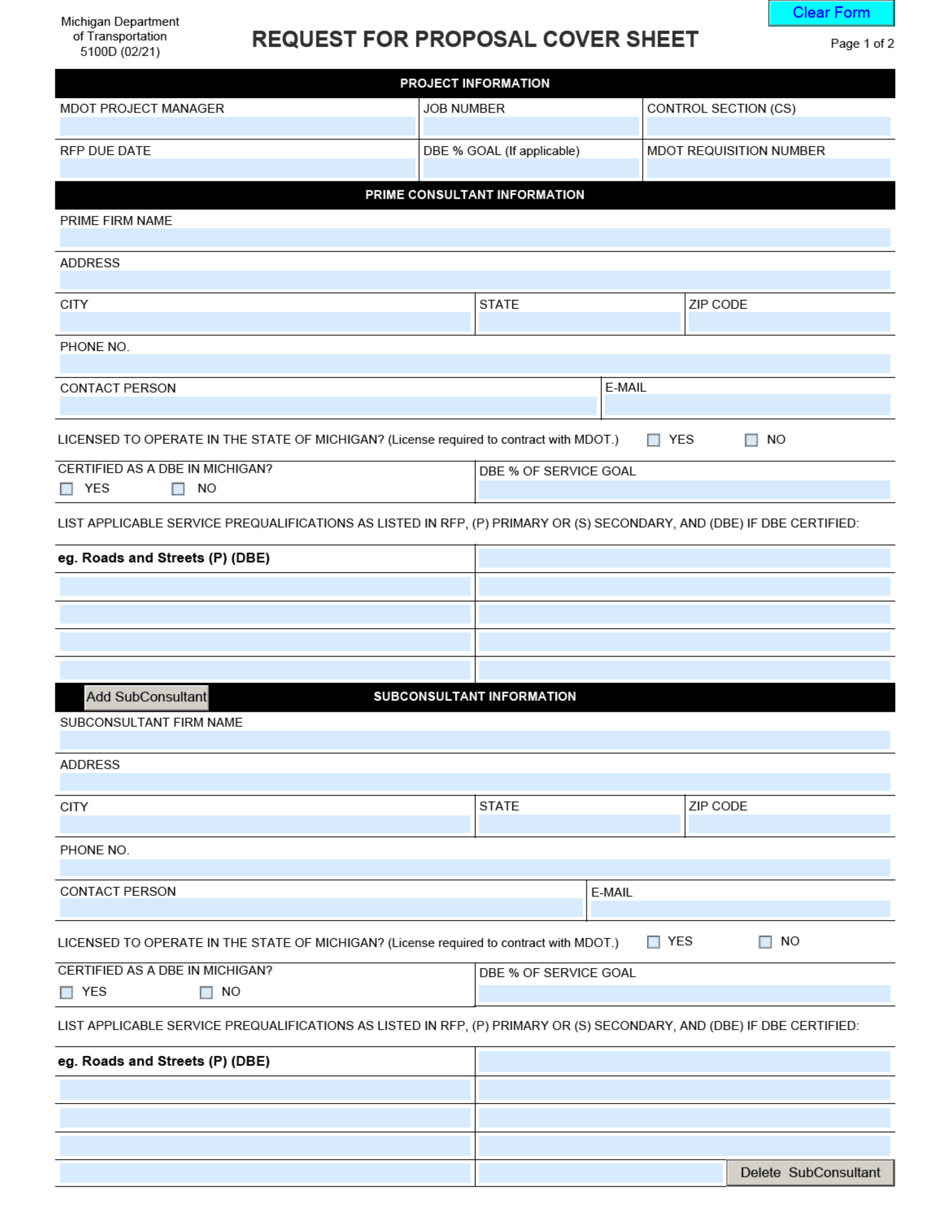 Form MDOT5100D Request for Proposal Cover Sheet - Michigan, Page 1