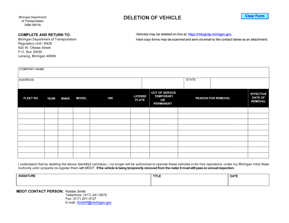 Form 3088 Deletion of Vehicle - Michigan, Page 1