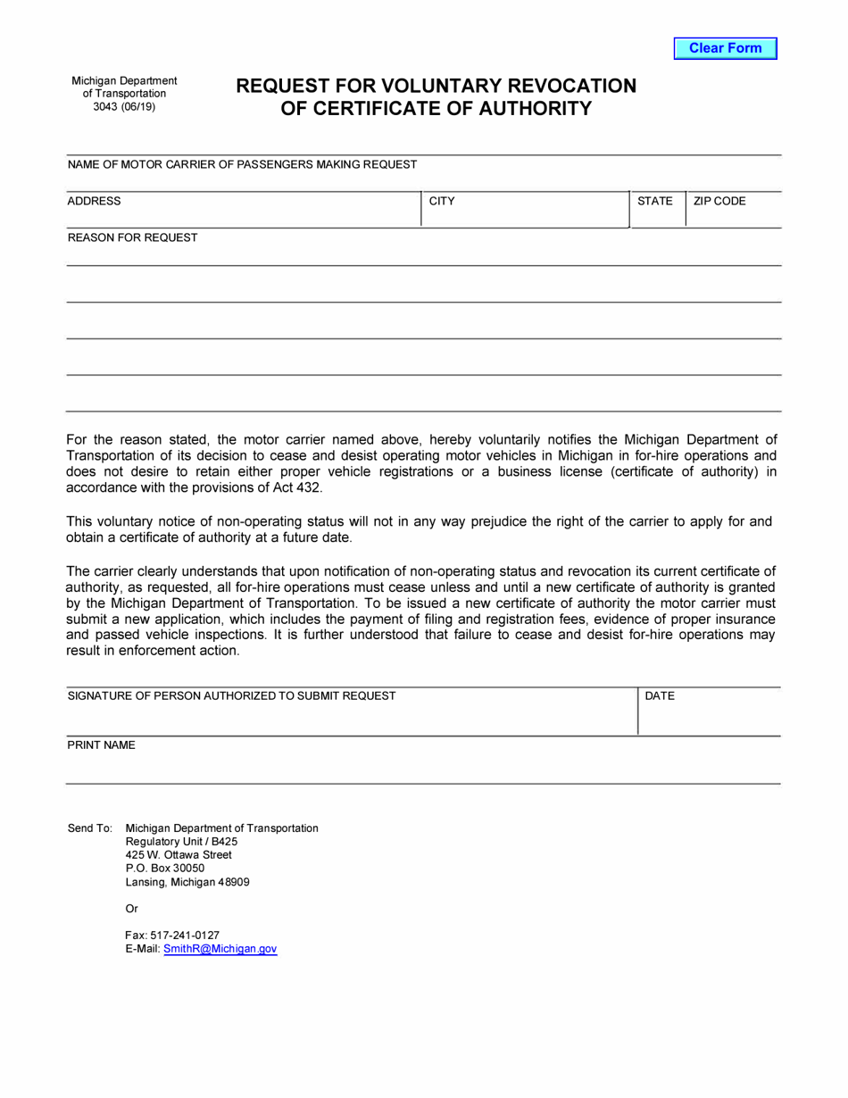 Form 3043 Request for Voluntary Revocation of Certificate of Authority - Michigan, Page 1