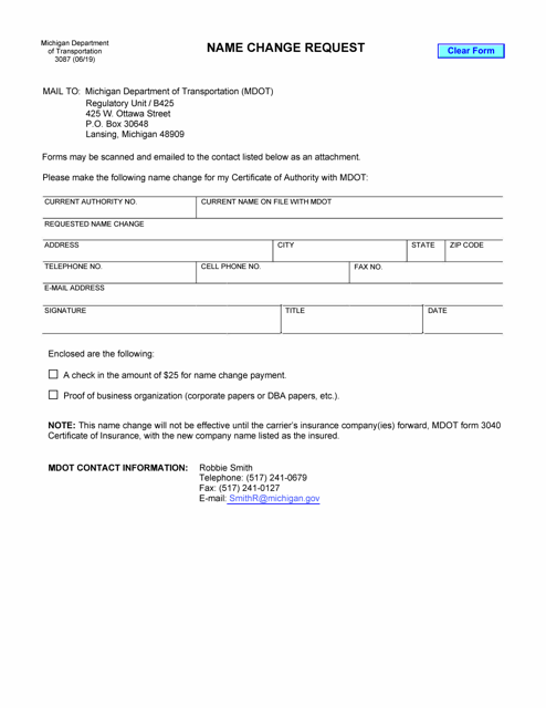 Form 3087 Name Change Request - Michigan