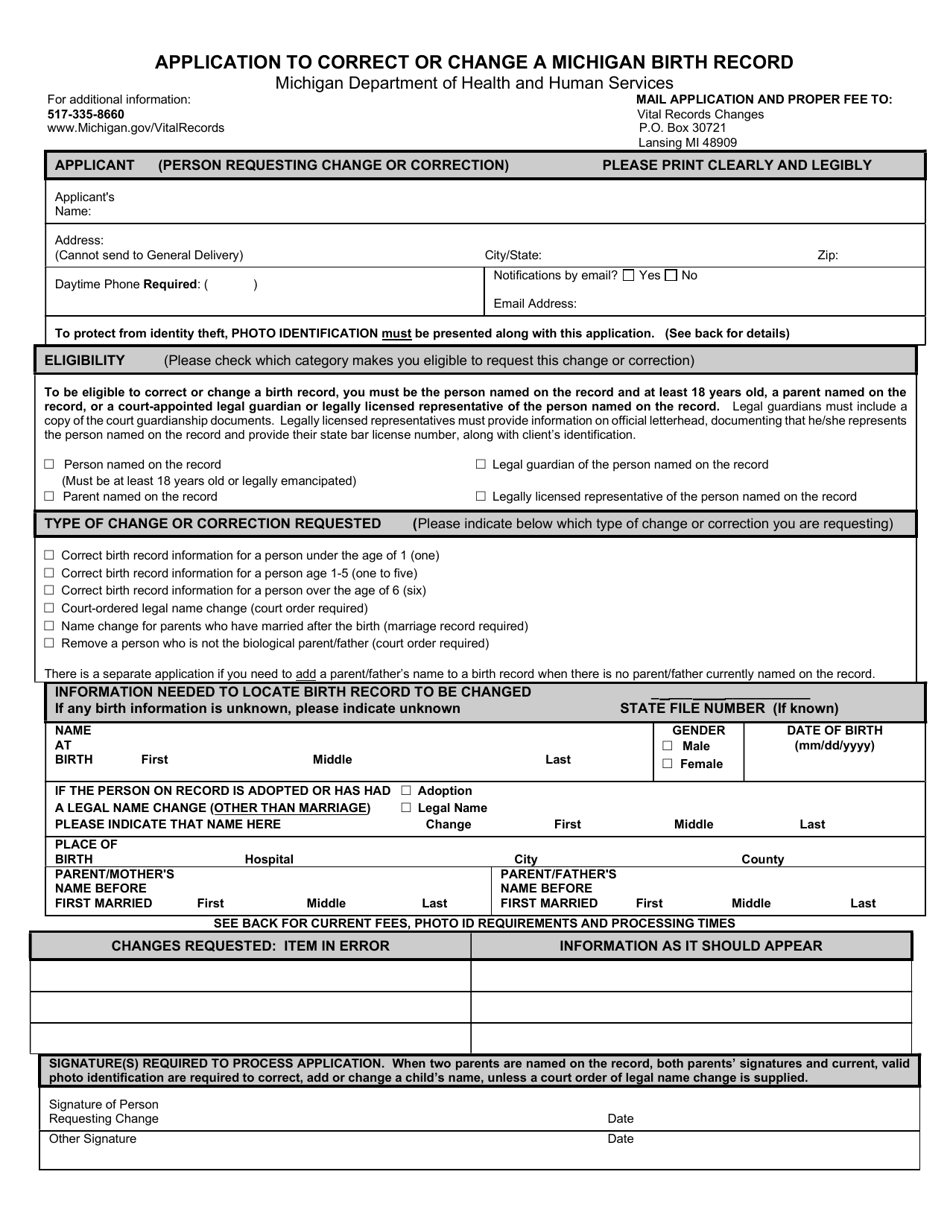Form DCH-0847 Application to Correct or Change a Michigan Birth Record - Michigan, Page 1