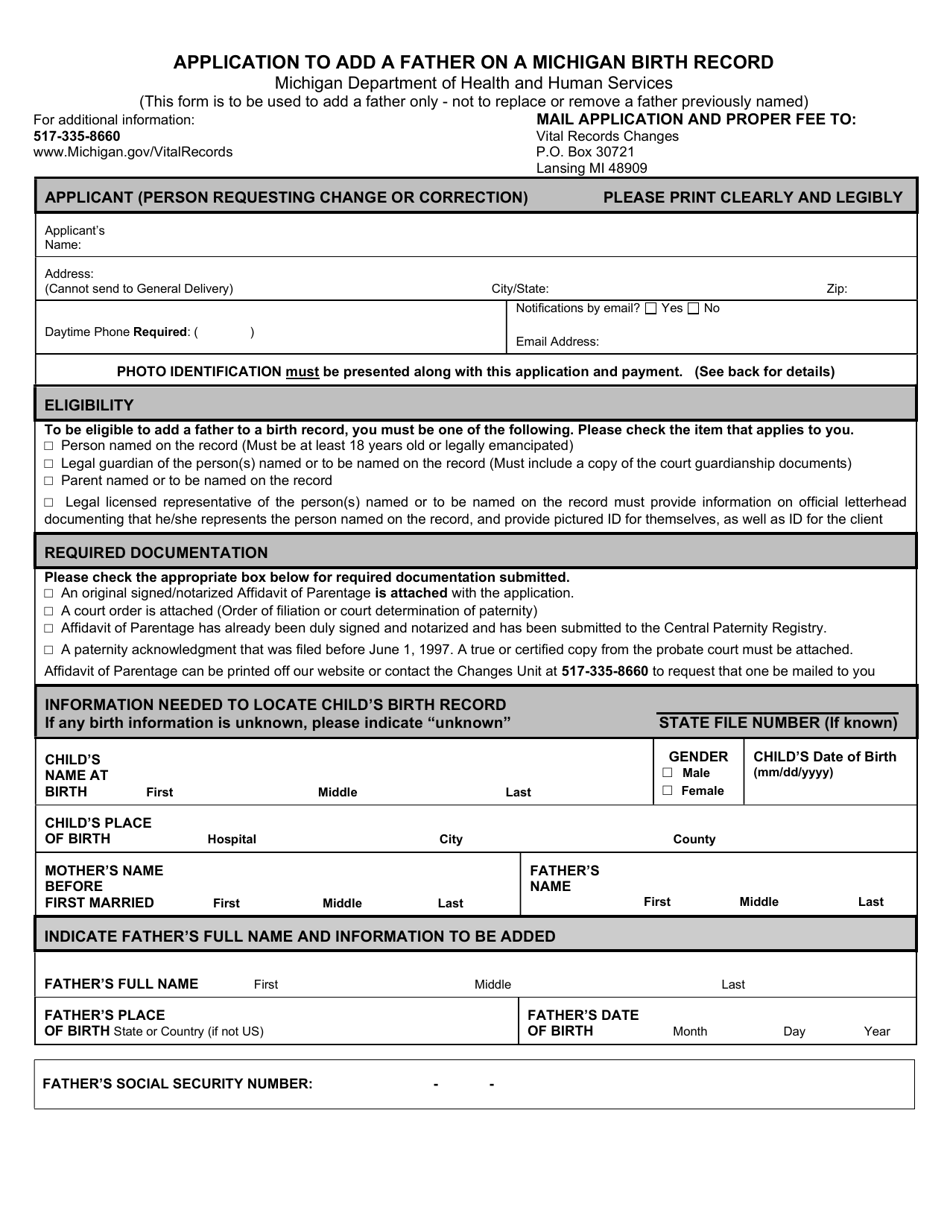 Form DCH-0848 Application to Add a Father on a Michigan Birth Record - Michigan, Page 1