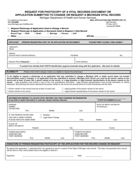 Document preview: Form DCH-0847 BXDX Request for Photocopy of a Vital Records Document or Application Submitted to Change or Request a Michigan Vital Record - Michigan