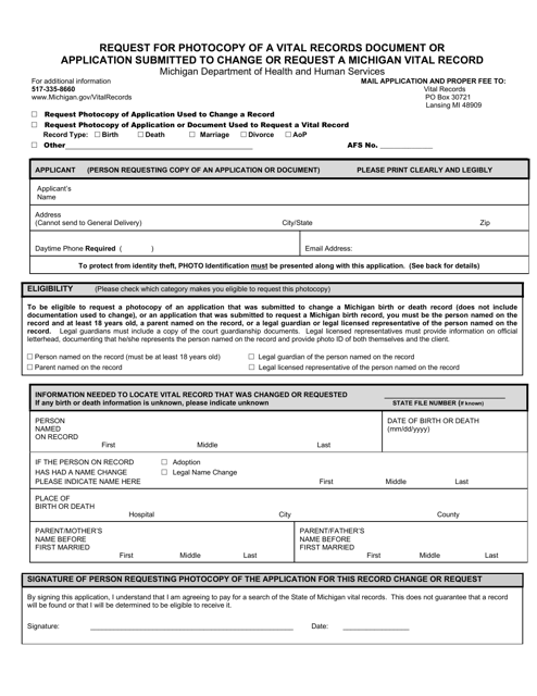 Form DCH-0847 BXDX Request for Photocopy of a Vital Records Document or Application Submitted to Change or Request a Michigan Vital Record - Michigan