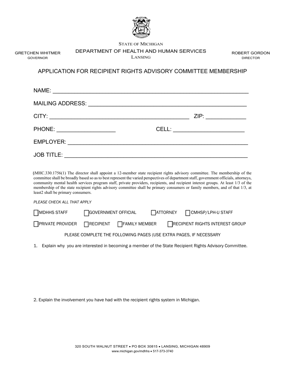 Application for Recipient Rights Advisory Committee Membership - Michigan, Page 1