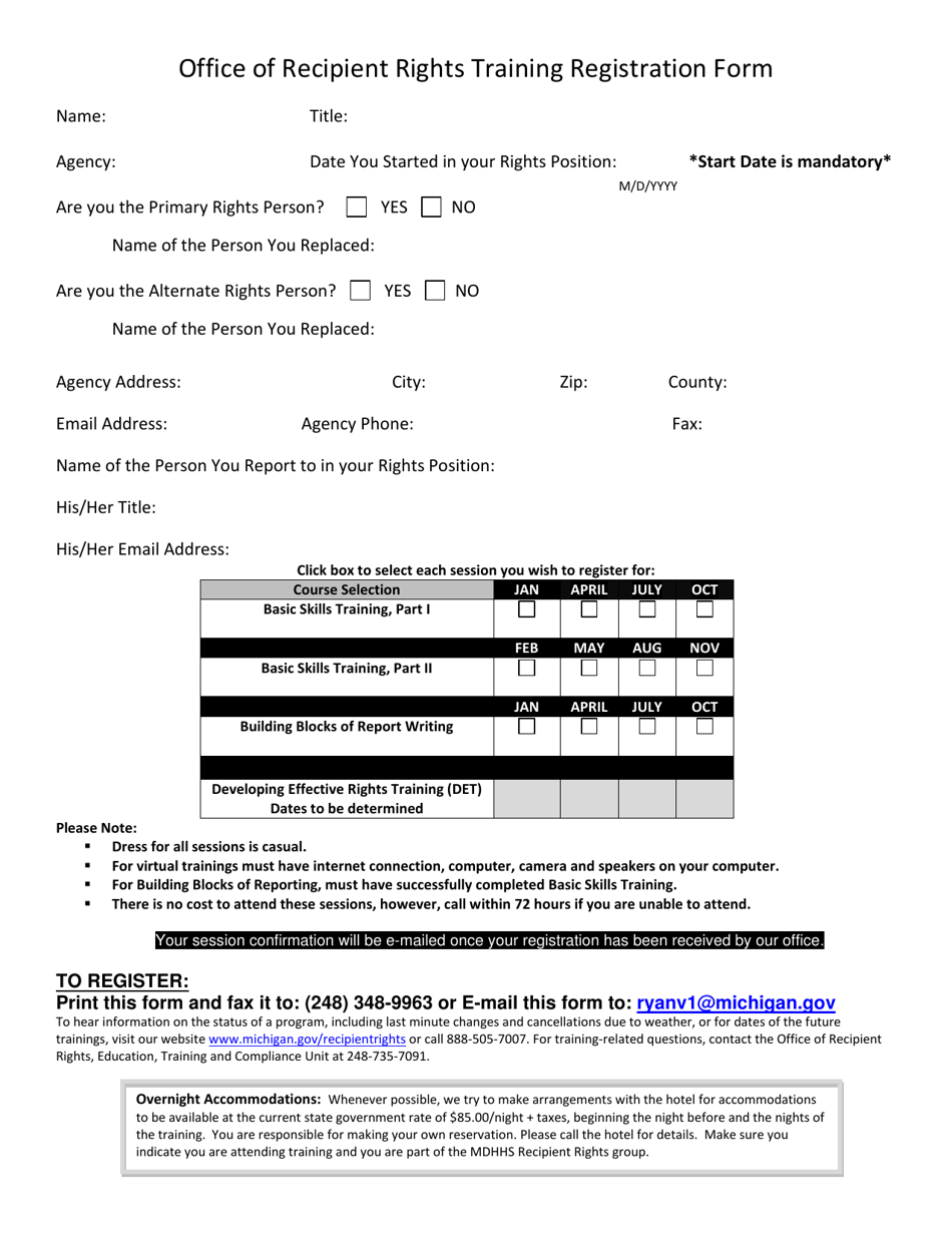 Office of Recipient Rights Training Registration Form - Michigan, Page 1