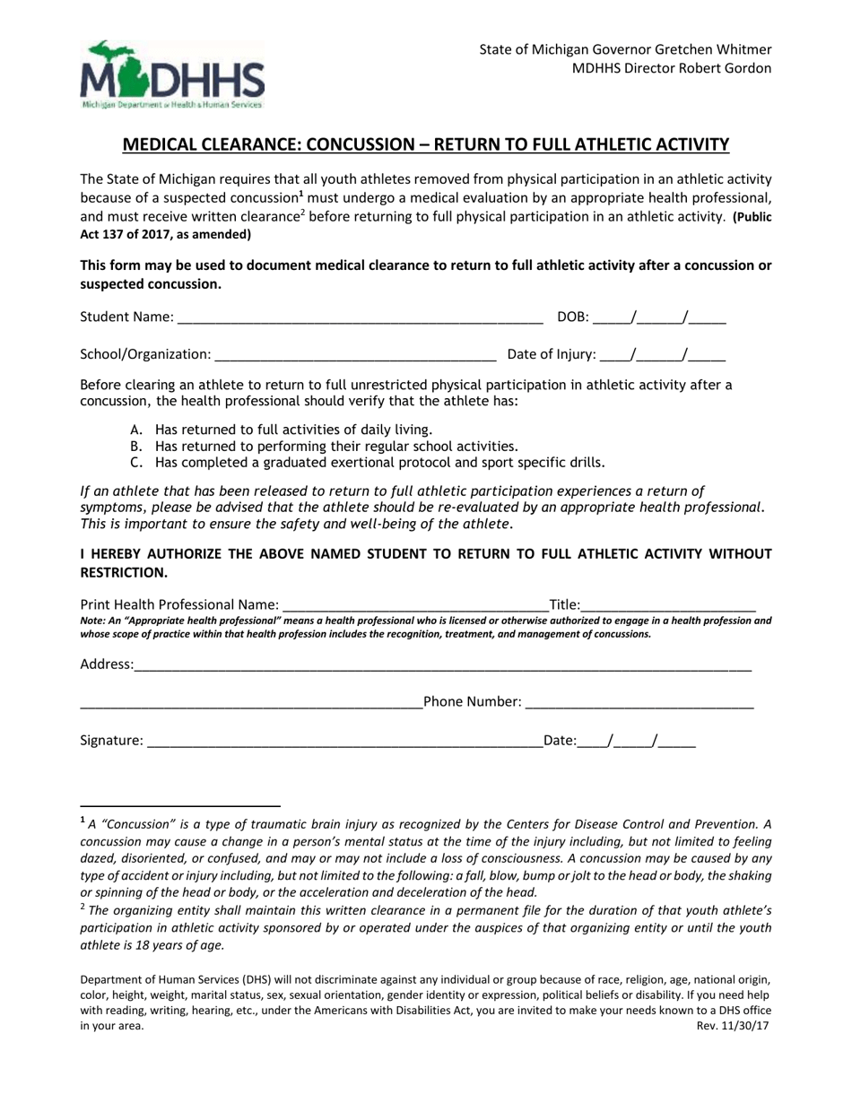 Medical Clearance: Concussion - Return to Full Athletic Activity - Michigan, Page 1