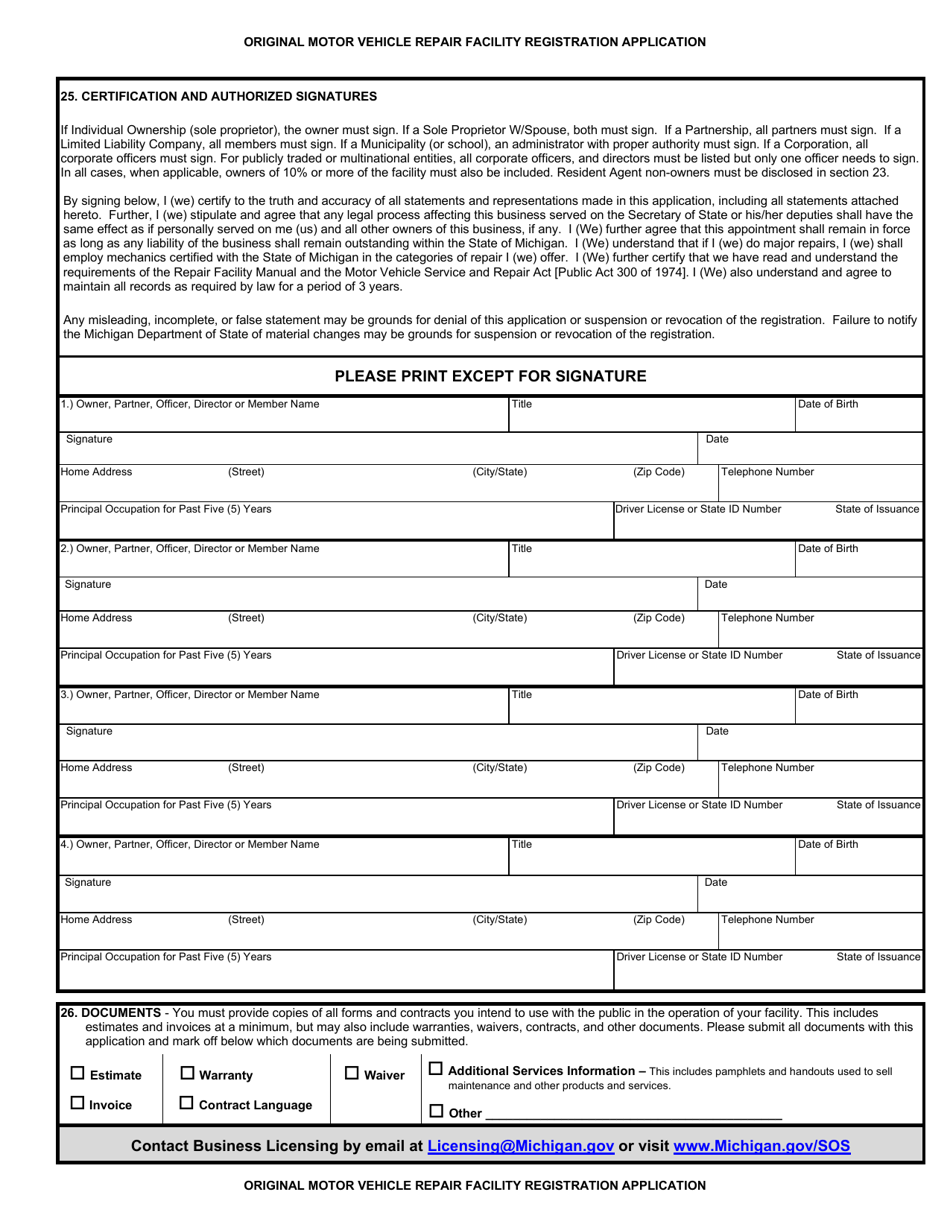 Form AR-0012 Original Motor Vehicle Repair Facility Registration Application - Michigan, Page 6