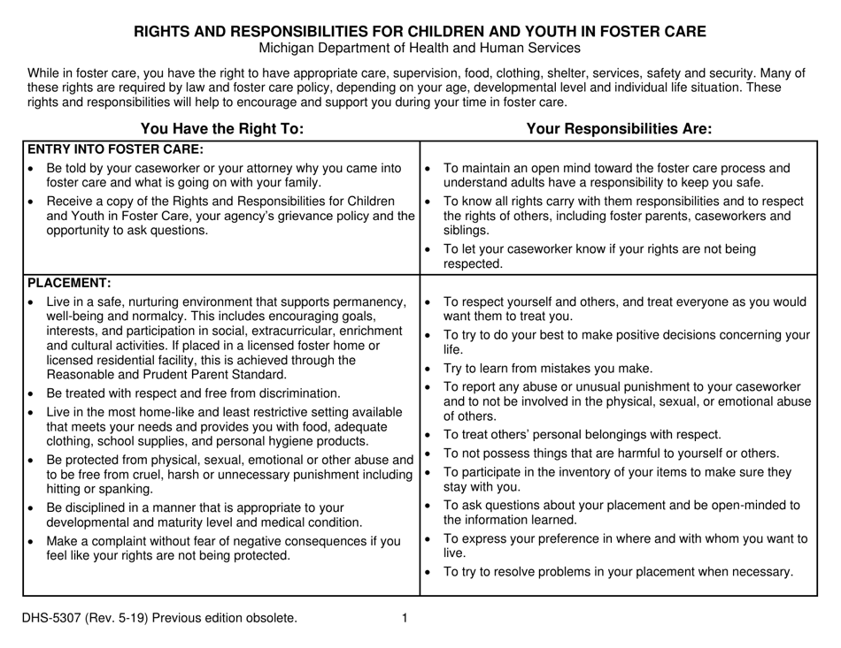 Form DHS-5307 Rights and Responsibilities for Children and Youth in Foster Care - Michigan, Page 1