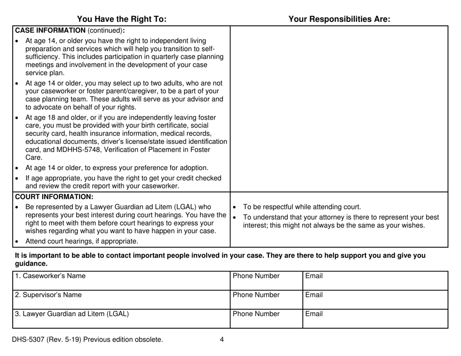 Form DHS-5307 Rights and Responsibilities for Children and Youth in Foster Care - Michigan, Page 4