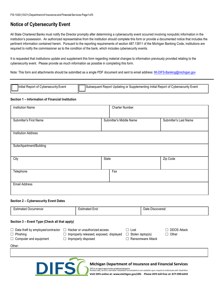 Form FIS1020 Notice of Cybersecurity Event - Michigan, Page 1