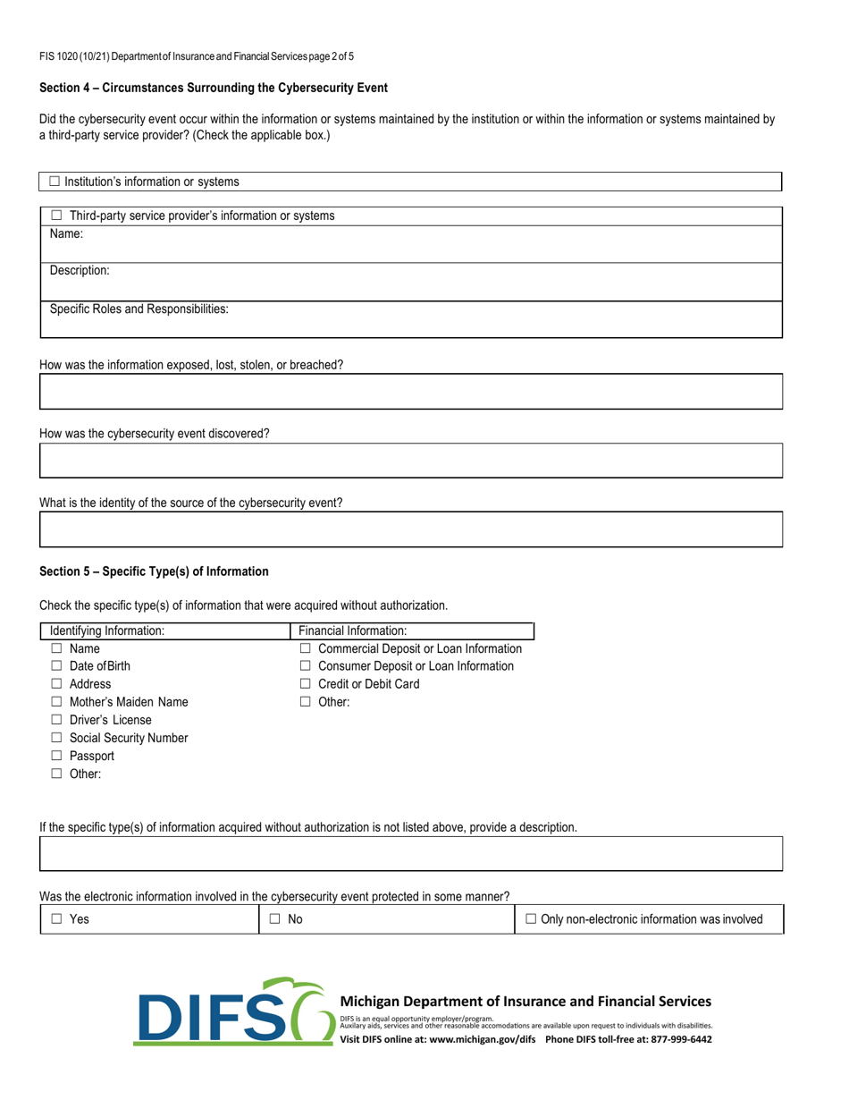 Form FIS1020 Notice of Cybersecurity Event - Michigan, Page 2