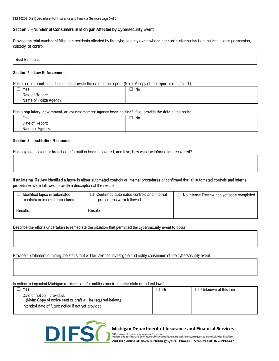 Form FIS1020 Notice of Cybersecurity Event - Michigan, Page 3