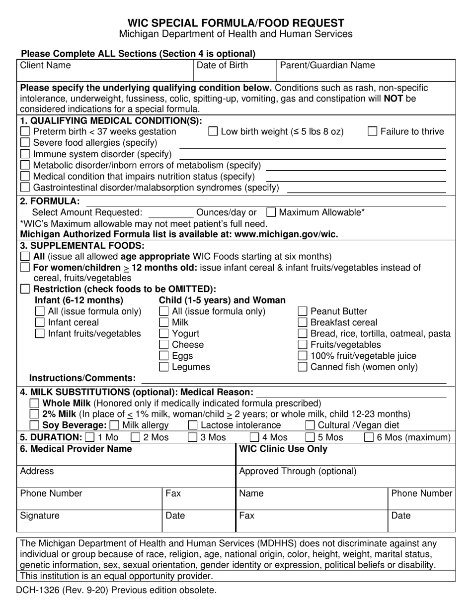 Form DCH-1326 Wic Special Formula / Food Request - Michigan, Page 1