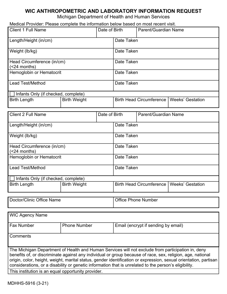 Form MDHHS-5916 Wic Anthropometric and Laboratory Information Request - Michigan, Page 1