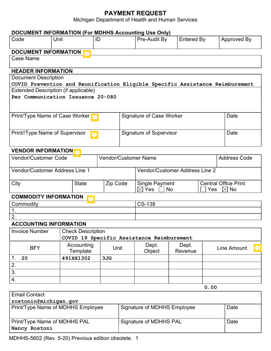 Form MDHHS-5602 Payment Request - Michigan, Page 1