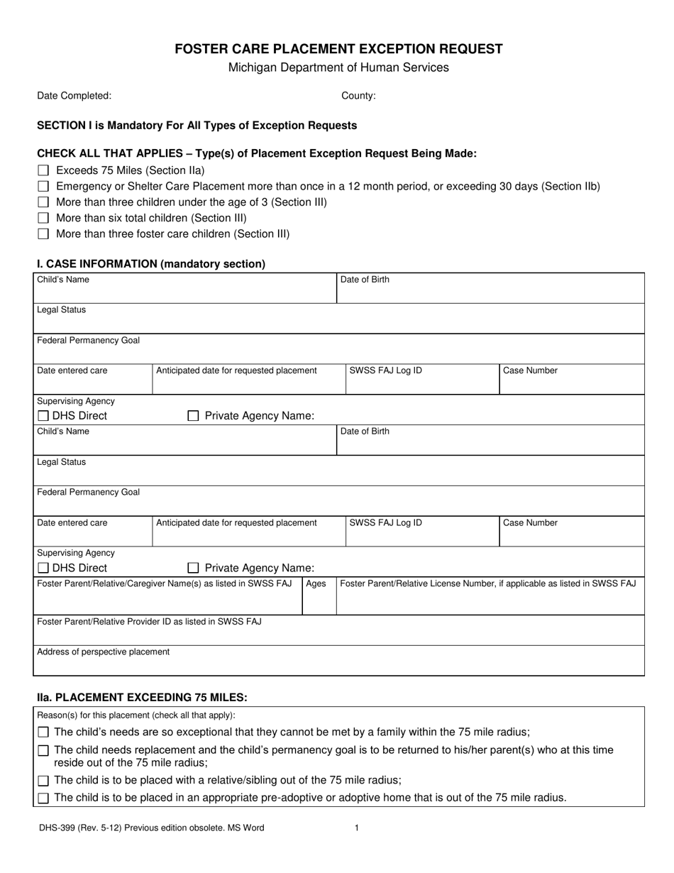 Form DHS-399 Foster Care Placement Exception Request - Michigan, Page 1