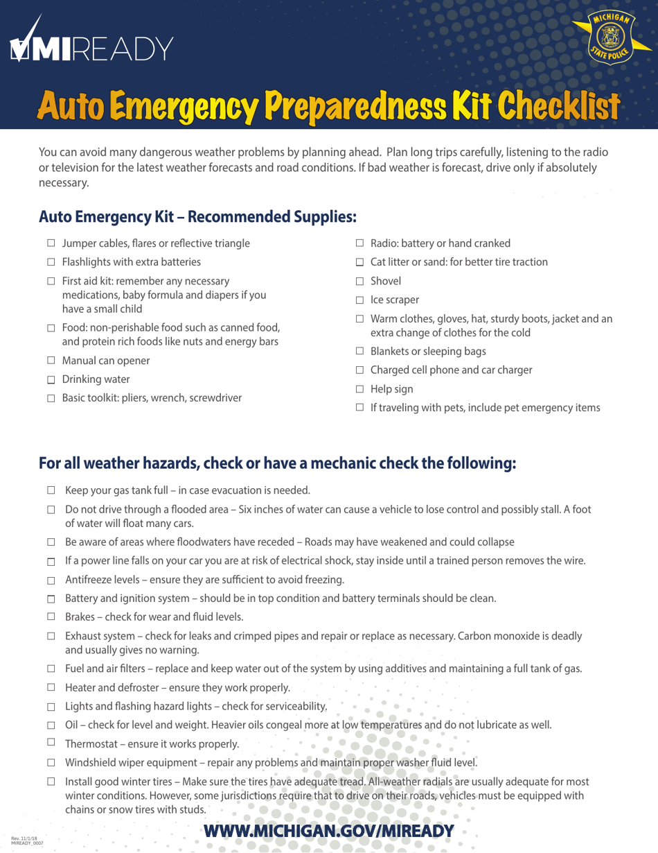 Auto Emergency Preparedness Kit Checklist - Michigan, Page 1