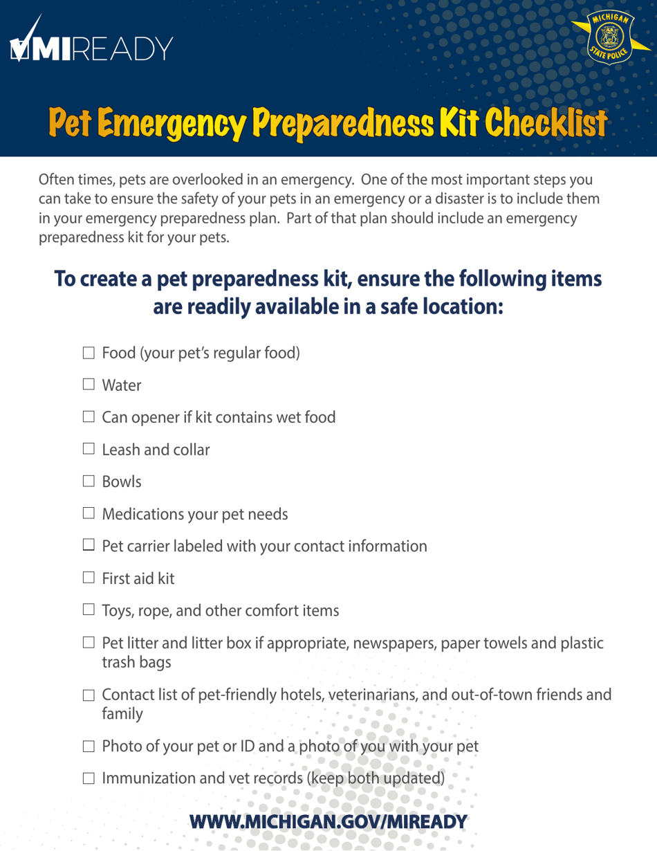 Pet Emergency Preparedness Kit Checklist - Michigan, Page 1