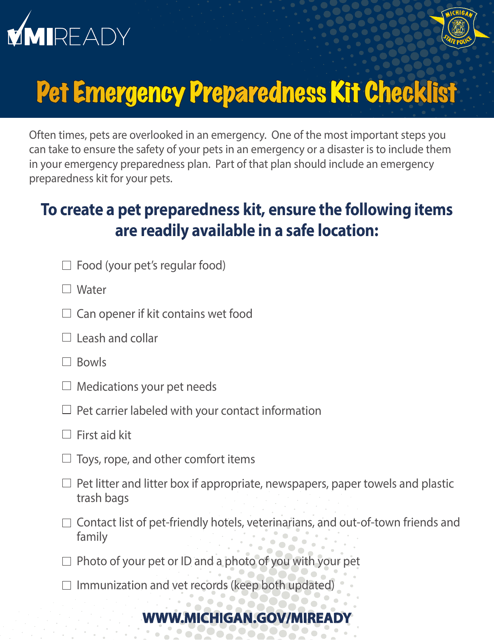 Pet Emergency Preparedness Kit Checklist - Michigan